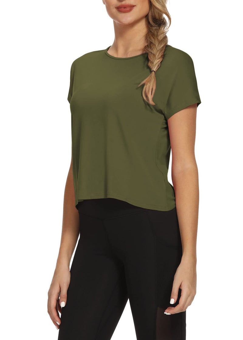 Mippo Workout Tops Short Sleeve Gym Shirts Backless Open Back Top Womens Athletic Workout Shirt Gym Clothes Army Green M - Image 5